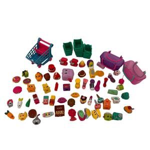 Lot of 59 Shopkins Toys, Cart & 11 Containers